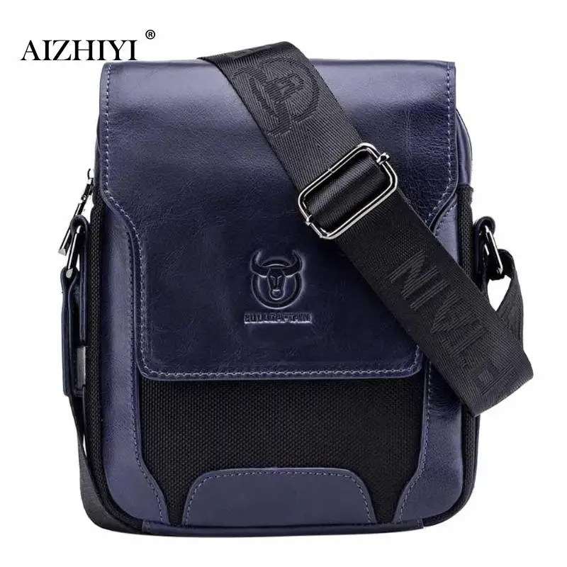 Brand Genuine Leather men's Crossbody Bag cow leather Shoulder Vintage Messenger Handbags for Men High Quality Casual Bag - Цвет: Темно-синий