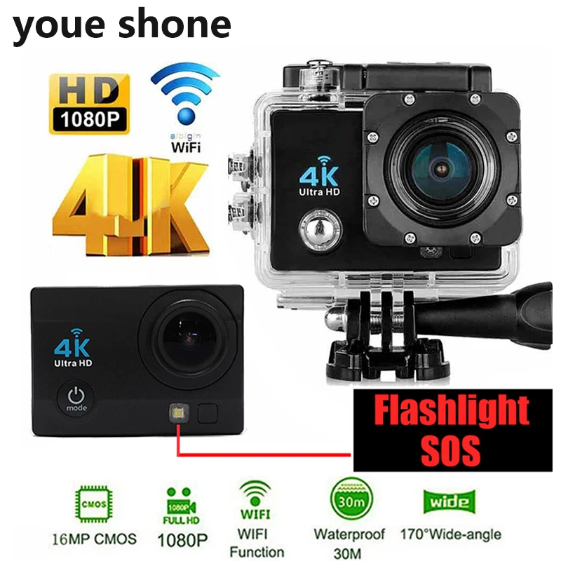

youe shone Outdoor Waterproof Action Camera 4K hd 1080p 60fps SOS Sports helmet wifi Cameras Flashlig bicycle Diving surfing Cam