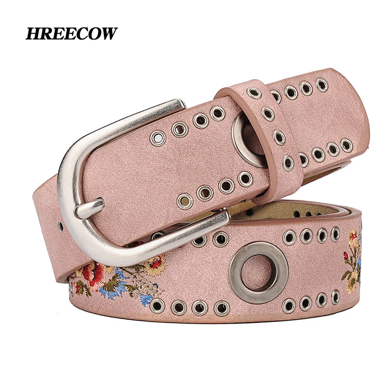 

Fashion Women's Waist Belt Hollow Rivets PU+Cowskin Leather Strap For Ladies Luxury Flower Waistband Female Pin Buckle Ceinture