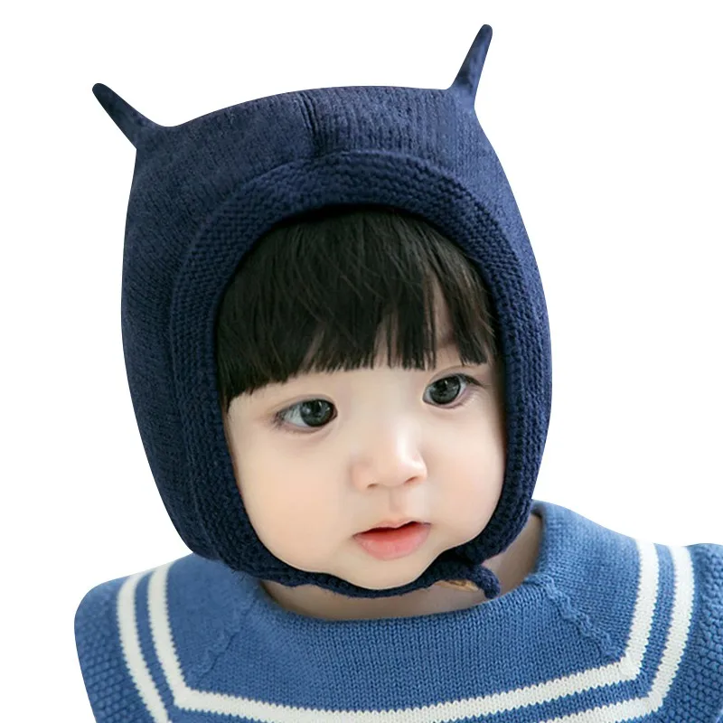 Вязаные шапки для маленьких мальчиков и девочек от 3 до 24 месяцев, милые кошачьи Шапки для малышей, хлопковая детская шапка, шапочка - Цвет: Темно-синий