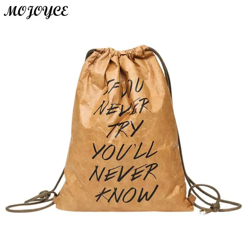 

Women Waterproof Kraft Paper Drawstring Backpacks Letters Printed Shoulder Backpack Casual Simple Design Rucksack Mochila