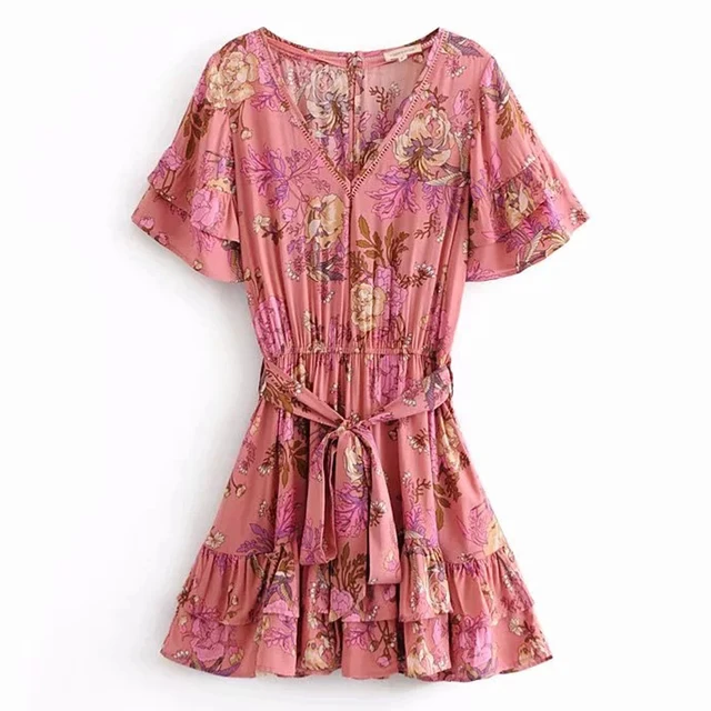 Boho Floral Print Mini Dress V Neck Short Sleeve Summer Dresses Elastic 