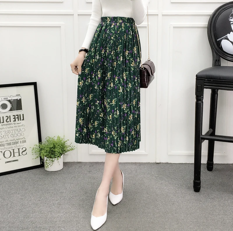 

YICIYA Korean Style Office Vintage Women High Waist Elastic Waist Dark Green Flower Print A-line Chiffon Pleated Midi Skirt