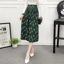 YICIYA Korean Style Office Vintage Women High Waist Elastic Waist Dark Green Flower Print A-line Chiffon Pleated Midi Skirt dark blue midi a line skirt in red floral print
