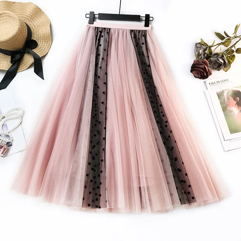 

2019 Spring New Arrival Color Matching Stitching Large Pendulum Tulle Skirt Net Yarn Dot Long Skirts For Women Free Shipping