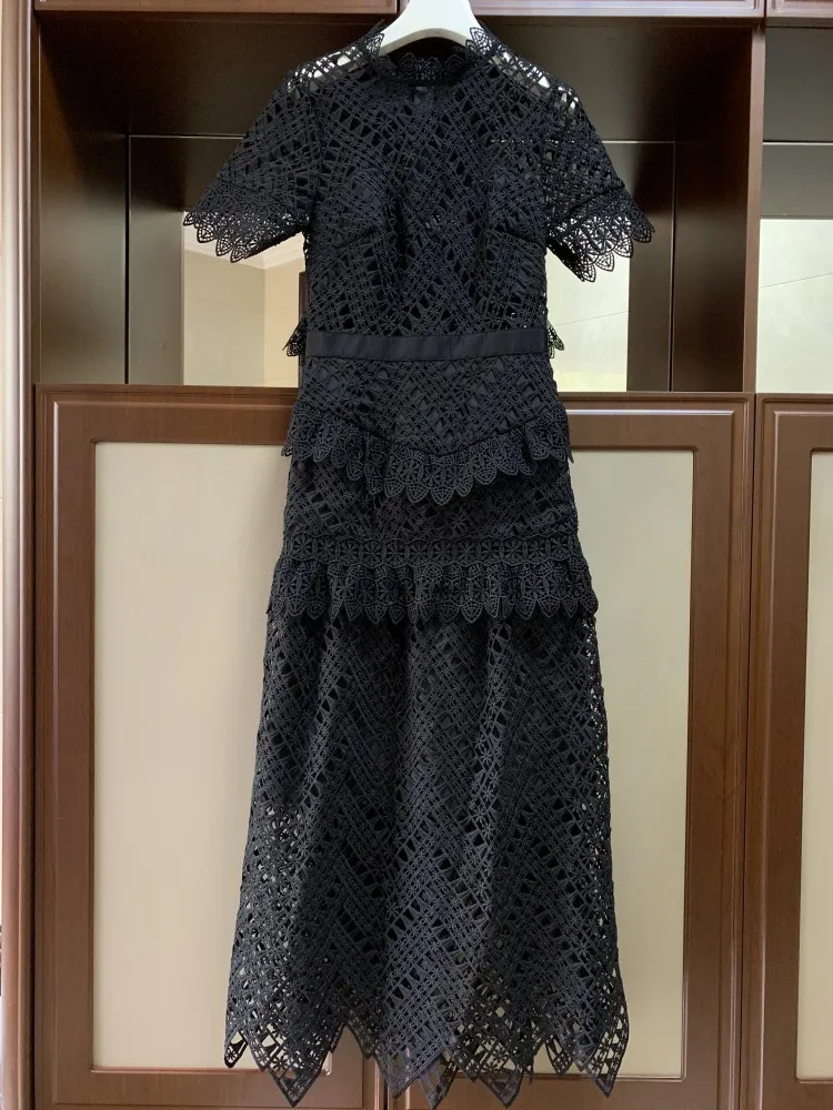 Платье Self Portrait летнее элегантное обтягивающее Для женщин короткий рукав черное ажурное кружево Длинные вечерние платья модные Подиумные платья Vestidos