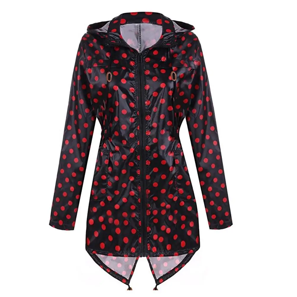 Women Polka Dot Hooded Long Raincoat Windproof Waterproof Outdoor Rain
