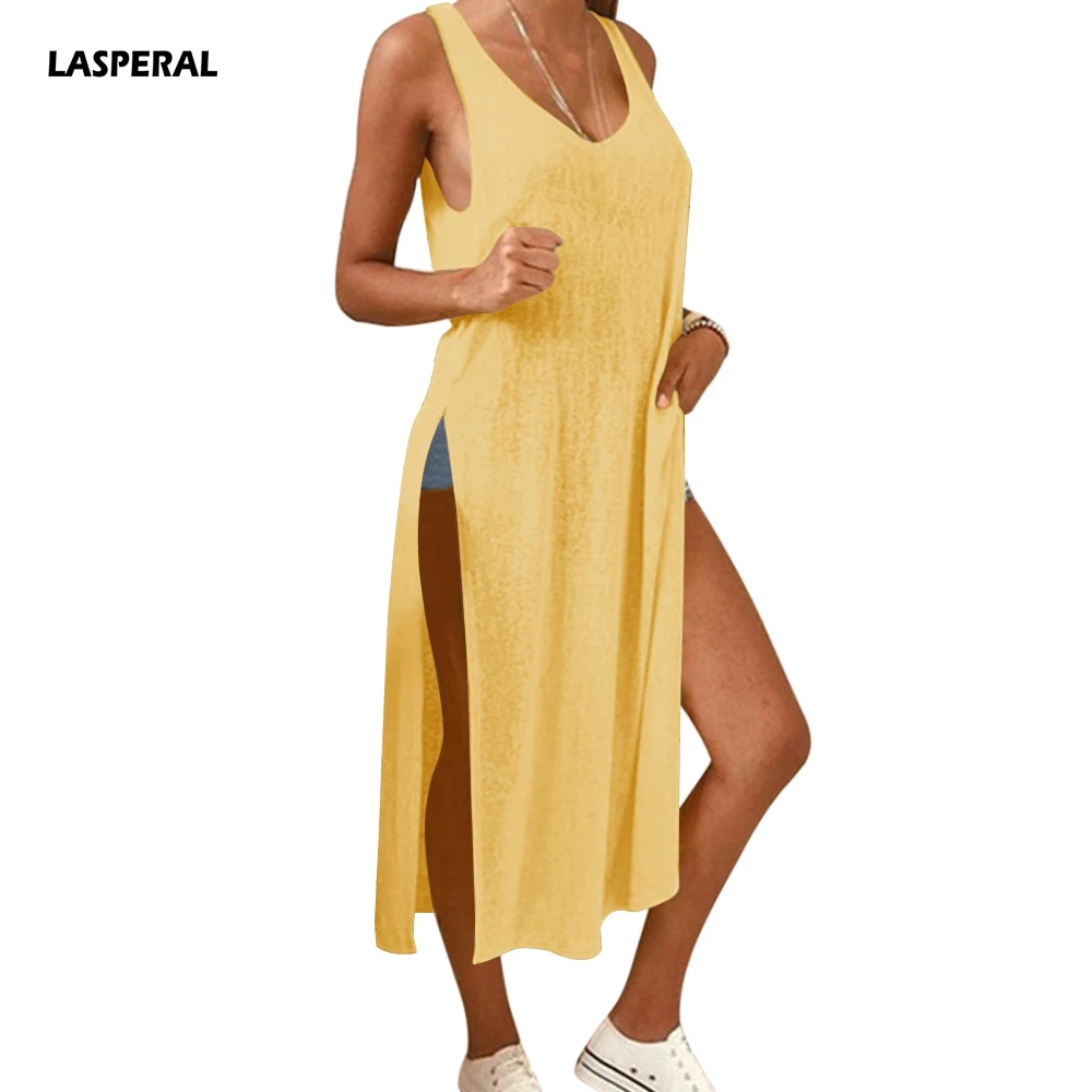 

LASPERAL High Stretch Tank Robe Summer 2019 Women Sexy Dress V-neck Sleeveless Slim Maxi Dress Hem Split Long Dress Vestidos