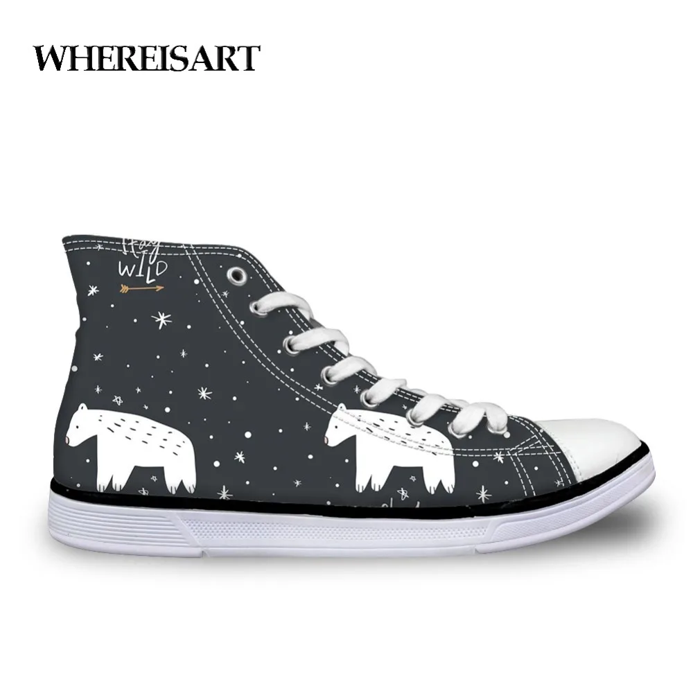

WHEREISART Trendy Women Shoes Cartoon Polar Bear Casual Lace Up Vulcanize Shoes Flats Sneakers High Top Woman Drop Shipping