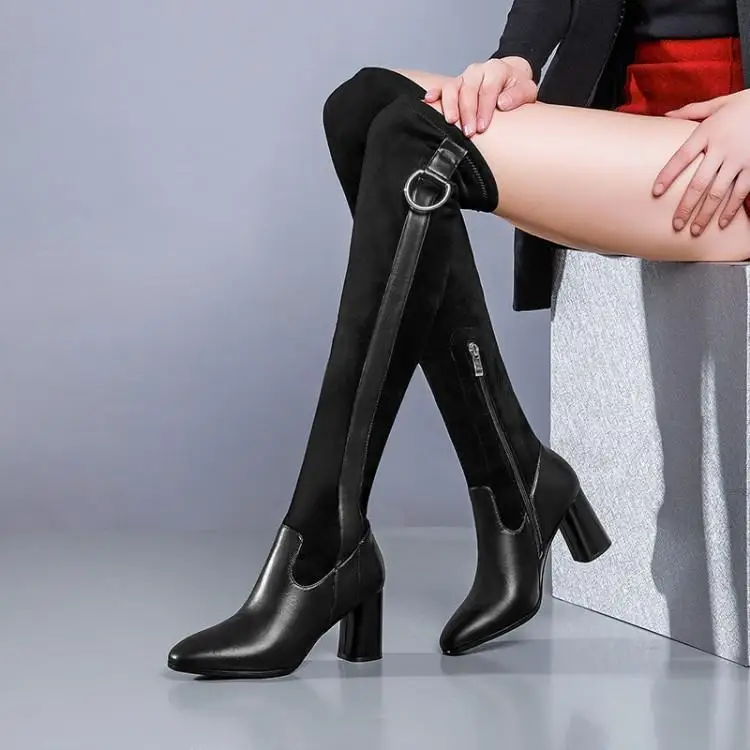 Damen Spitz Metall Seite Chunky Show Zip Leder Stiefel Schwarz Mit As Echt Booties Mittel Frau Wildleder Ferse Patchwork Chic Schnalle q80OwaFq