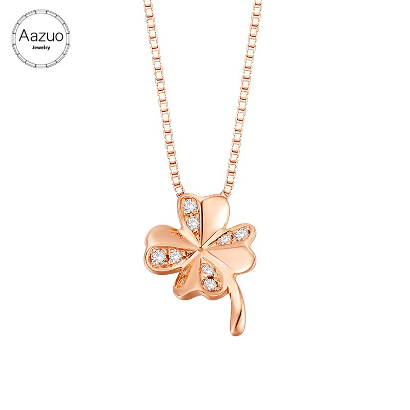 Aazuo Real Diamonds 100% 18K Rose Gold Micro Paved Lucky Four Leaf Pendent With Chain Necklace gifted for Women Wedding Au750 | Украшения и