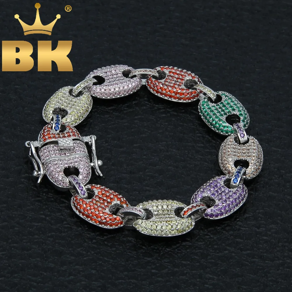 

Hiphop 13mm Puffed Marine Chain Fat Links Bracelet Men Micro Pave Rainbow Colored Cubic Zirconia Silver/Gold Color Jewelry