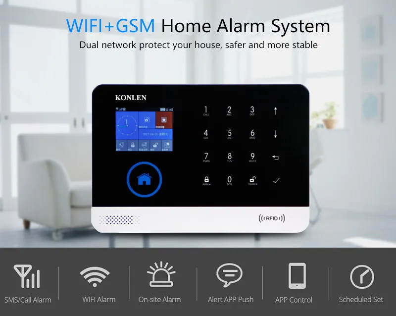 KONLEN Домашняя безопасность wifi GSM сигнализация комплекты беспроводной сирена детектор дыма PIR датчик окна Дверной звонок RFID пульт дистанционного управления