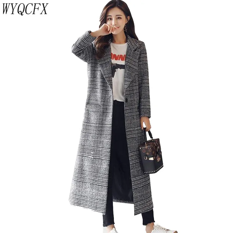 

2019 Autumn Winter Plaid Women's Woolen Coat New Long Slim Single Button Jackets Female Elegant Warm Wool outwear Europe W066