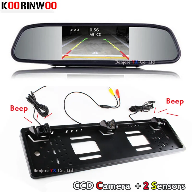 

Koorinwoo Auto 4.3inch Monitor Mirror Alarm Parktronic EU European Car License Plate Frame Rear View Camera Car parking Sensors