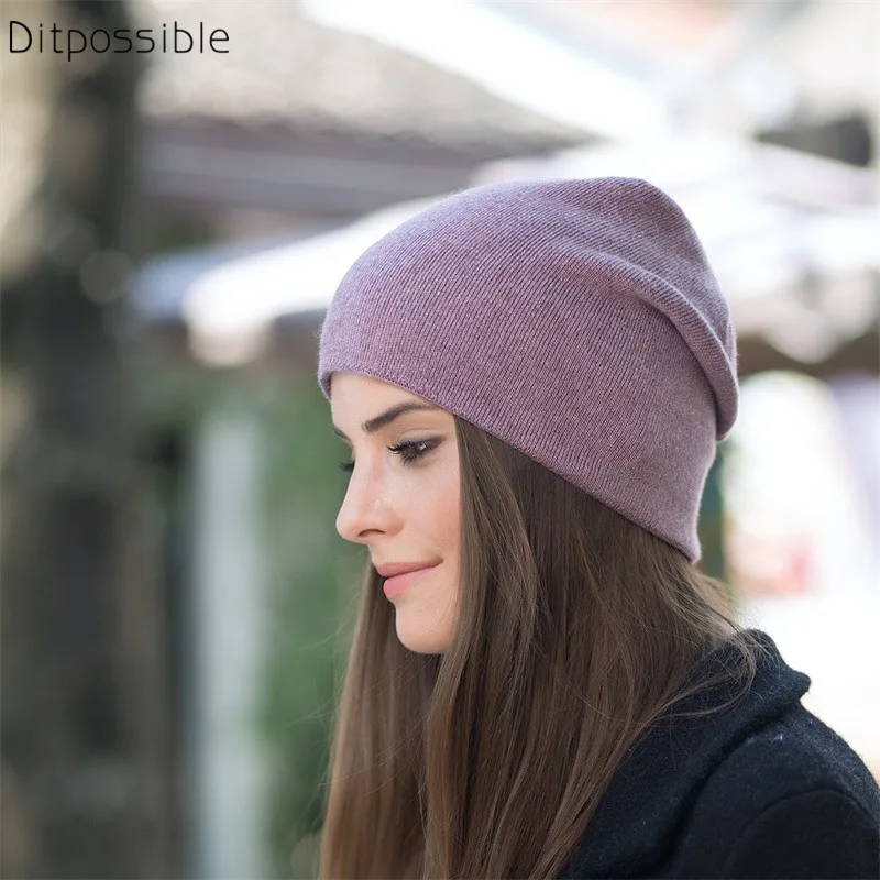 

Ditpossible double layers warm hat ladies winter beanies hats fashion solid bonnet skullies gorro hat