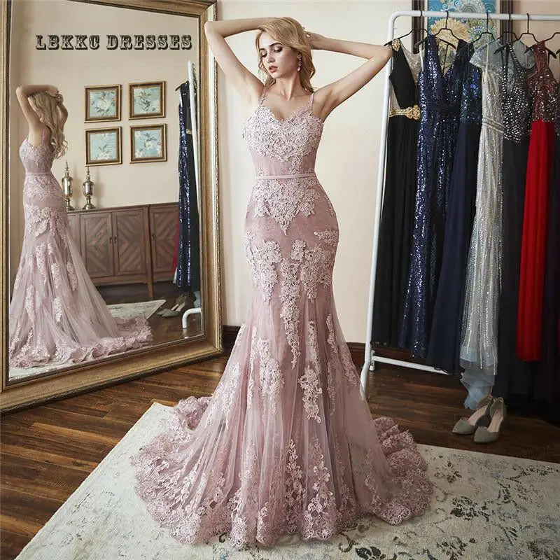 

Spaghetti Backless Long Memriad Pink Lace Evening Dress V Neck Robe Soiree Longue Femme Abiye Gece Elbisesi Long Dresses Evening