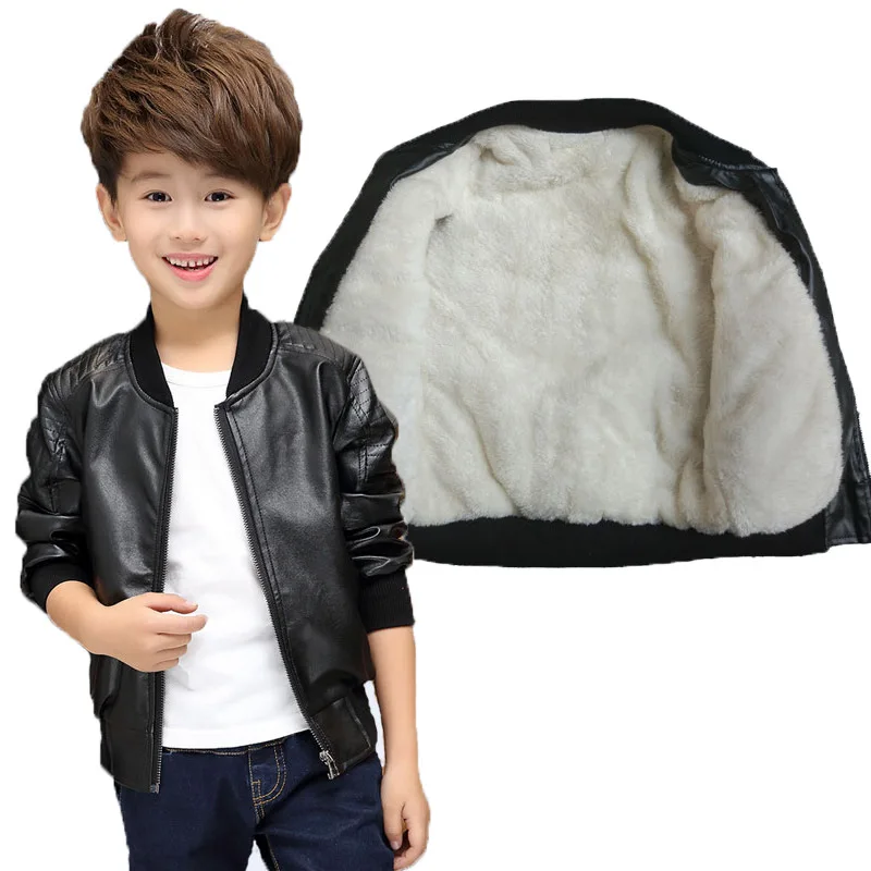 

Winter Boys Coat Fashion Children Thick Velvet Kids PU Leather Jacket Warm Woolen Coats Kids Outwears Solid Thick Parkas Clothes
