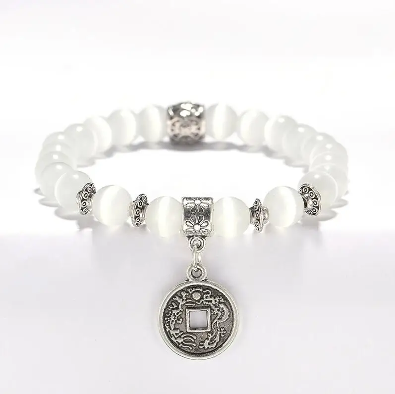 Модный этнический браслет с лунным камнем антикварная серебряная монета перо опал браслет для женщин мужчин Йога ювелирные изделия для медитации Bijoux Femme - Окраска металла: Coin