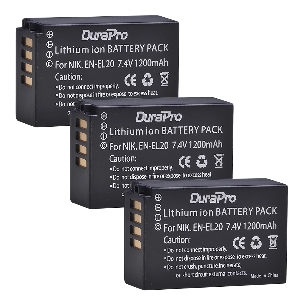 

Durapro 3pc 1200mAh 7.4V EN-EL20 EN EL20 Rechargeable Camera Battery For Nikon 1 J1 J2 J3 S1 Coolpix A1 AW1 Camera