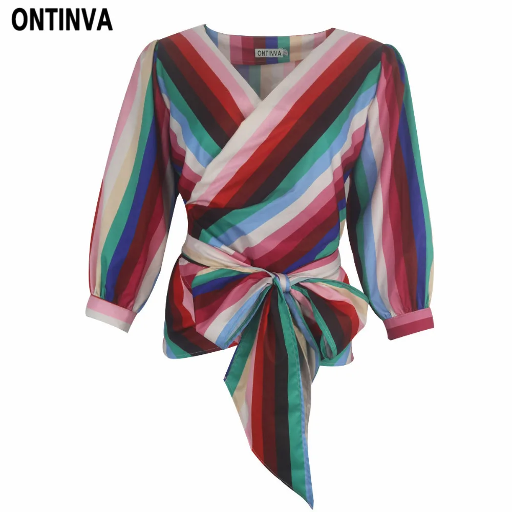 

2019 Fashion Rainbow Color Striped Blusas with Bow Belt 3XL Plus Size Women Sexy V Neck Shirts Casual Femininas Blouses Tops