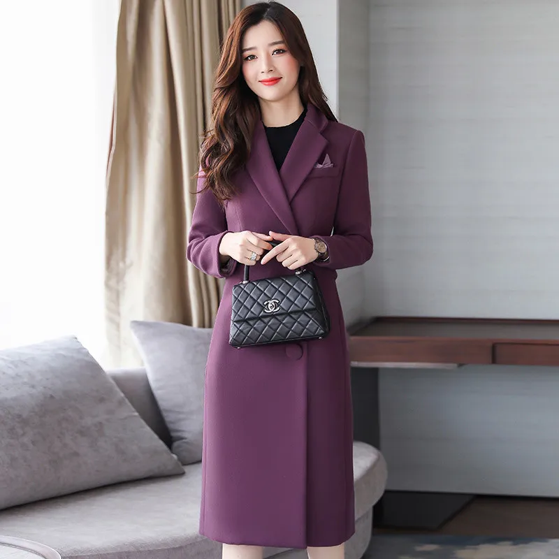 Colour navy Dames Cw441 Nouveau Survêtement Mince Laine Slim Moyen De Qualité Single breasted Manteau Long Purple Femmes Femme caramel 2018 Automne Était Haute RAUBqT
