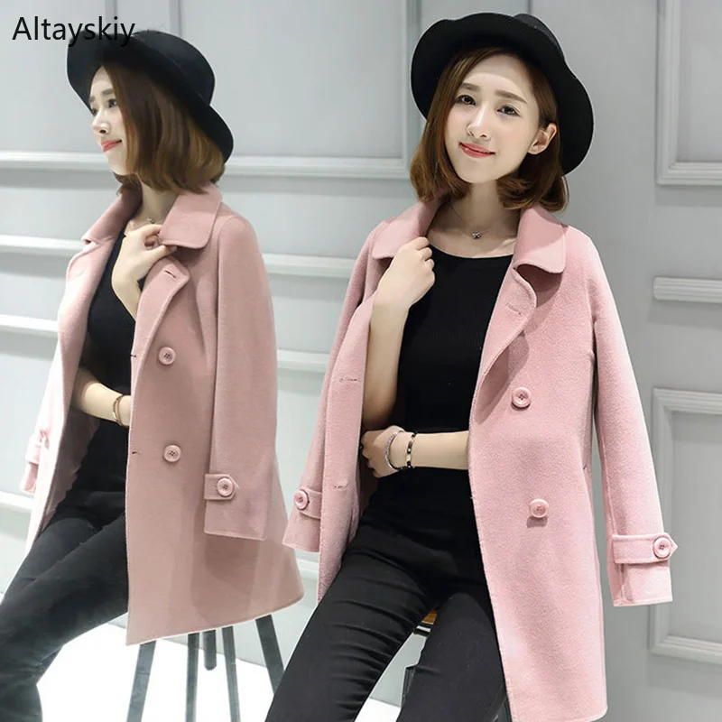 

Wool Women 2019 Solid Simple All-match Korean Style Elegant Double Breasted Slim Pockets Blends Womens Soft Daily Outerwear Chic