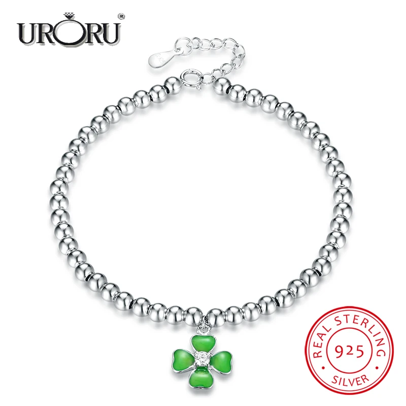 

URORU Bracelet, 100% 925 Sterling Silver Pearl Plated White Gold Enamel Clover Bracelet for Women Jewelry Gift SVH173