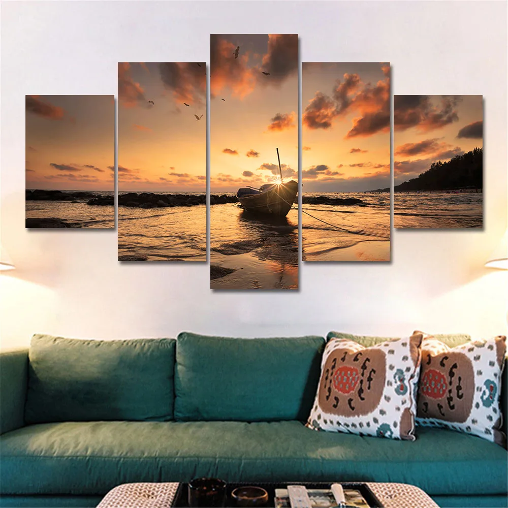 Картина на холсте настенные картины 5 панель морской пейзаж закат Лодка рисунок "пляж" HD Печатный Плакат рамка картины украшение дома