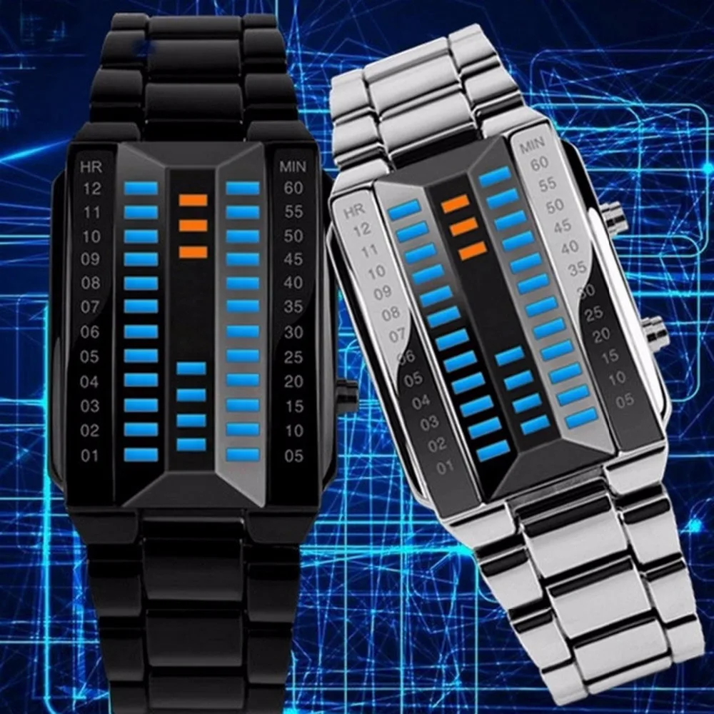 Новые Creatieve люкс Lovers 'Horloge Mannen 2018 Staal blue Binary Lichtgevende светодиодный Электронный