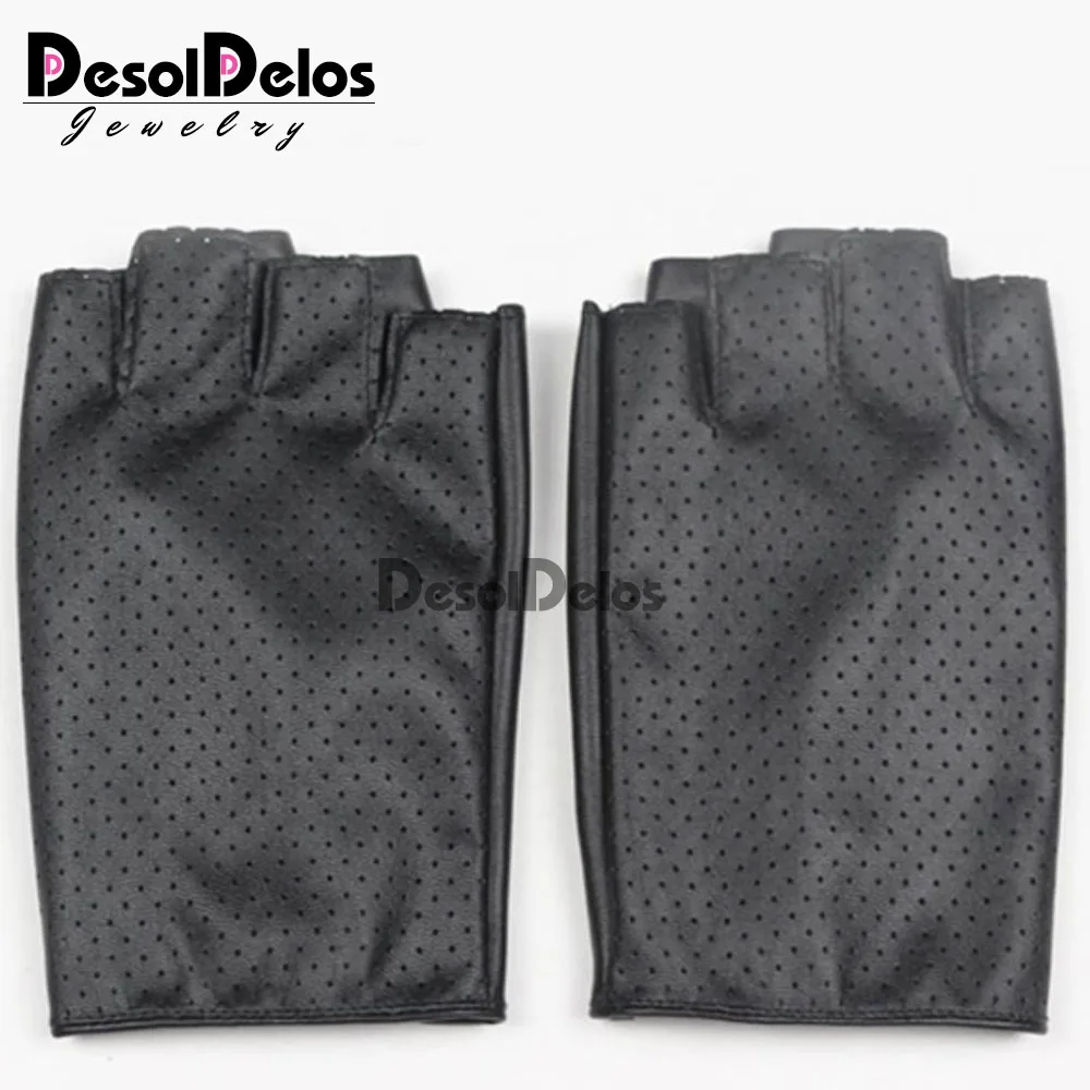 DesolDelos Ladies Fingerless Gloves Breathable Soft Leather Gloves for Dance Party Show Women Black Half Finger Mittens R006