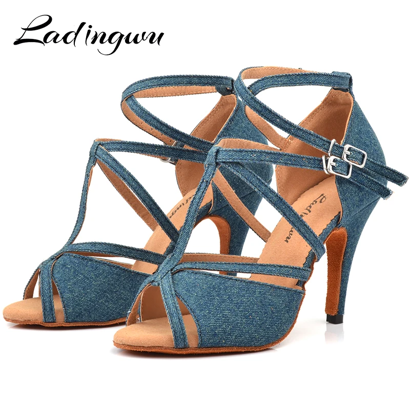 Ladingwu Denim Stoff Dance Schuhe Salsa frau Ferse 6 10 cm Beruf Latin