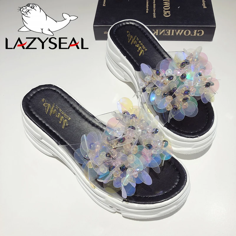 LazySeal Transparent Bling Platform Slippers Women New Summer Shoes With Crystal Diamonds Wedge Ladies Flip Flops Woman Slides