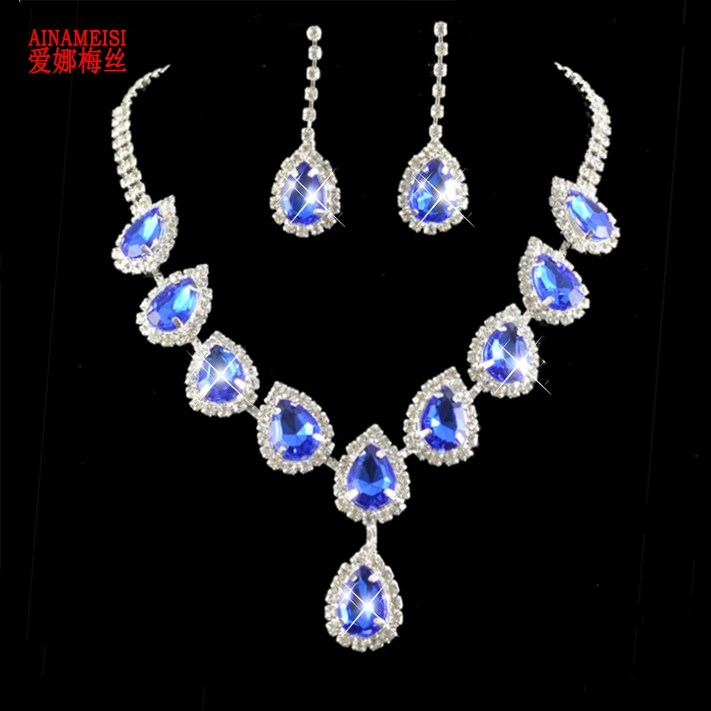 

AINAMEISI Fashion Luxury Blue Water Drop Wedding Choker Necklace Earrings Crystal Silver Bridal Jewelry Sets Women Accessories