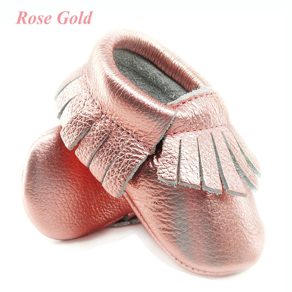 Shine Rose Gold Блестящие Розовые детские мокасины из натуральной кожи; мягкая обувь для маленьких девочек розового и золотого цвета; обувь с бахромой для маленьких детей 0-30 месяцев; 16 цветов - Цвет: Shine Rose Gold