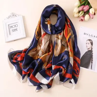 Женский шелковый шарф, женский шарф из пашмины с принтом, женские шали и палантины, длинное пляжное полотенце, платок хиджаб для мусульман, палантин - Цвет: D2011 Navy
