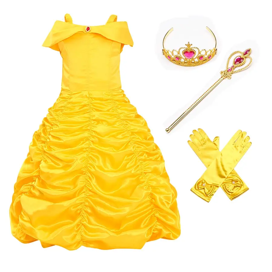 

Girls Princess Belle Dress up Cosplay Costume Children Off Shoulder Yellow Party Ball Gown Halloween Dress with Crown Magic Wand