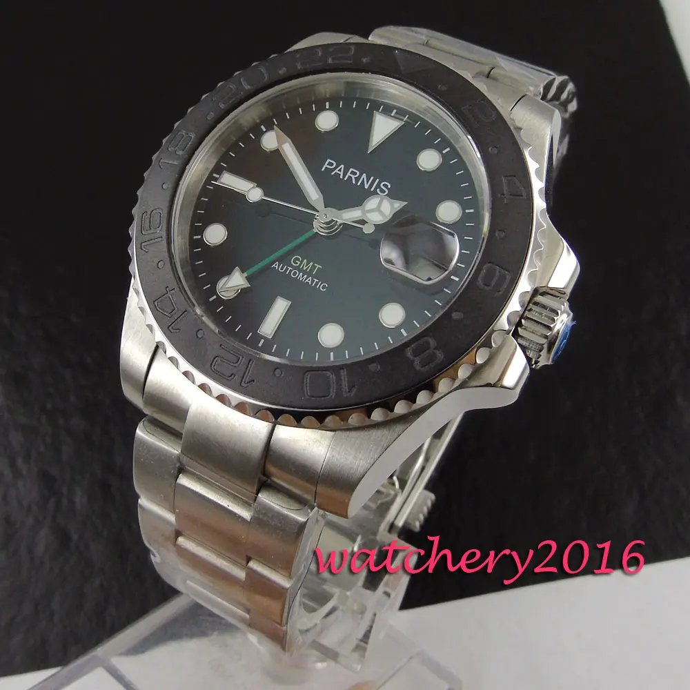 new 40mm Parnis black dial deployment clasp sapphire glass date adjust GMT Automatic movement Men s