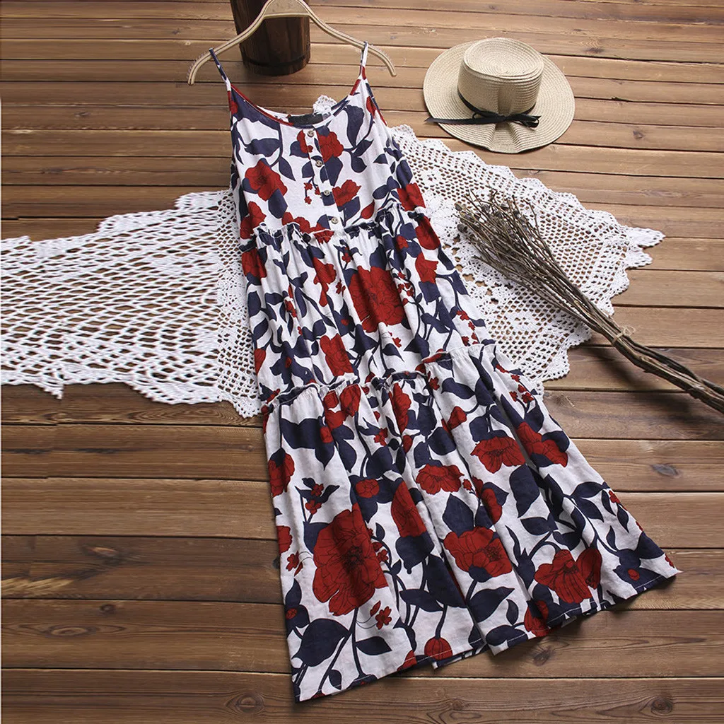 Female clothing Women Plus Size Button Loose Sleeveless Boho Retro Linen Print Long Maxi Dress Elegant Women's Bodycon#5