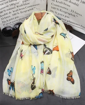 

New Large Soft Viscose With Butterfly Print Tassel Scarf for Women National Style Summer Beach Sunscreen Scarves S034-yellow