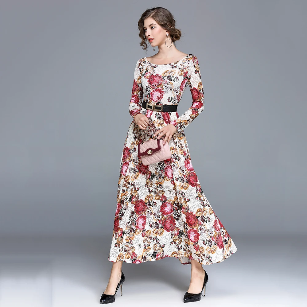 

Lady Autumn Long Dresses Full Sleeve O-Neck Lace Maxi Dress For Women Printed Vestido Longo Plus Size Robe Female W/Belt N609YS