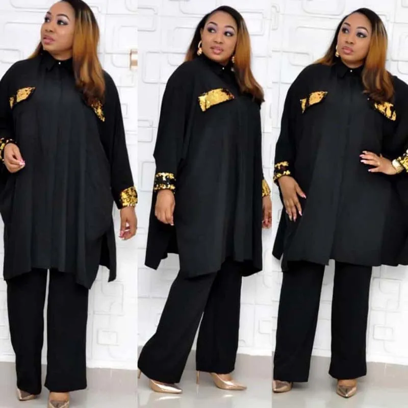 

Casual Loose Sequins Two Piece Set Women 2019 Bazin Loose Turn-down Collar Long Shirt Robe&Wide Leg Pants Suit Outfit Plus Size