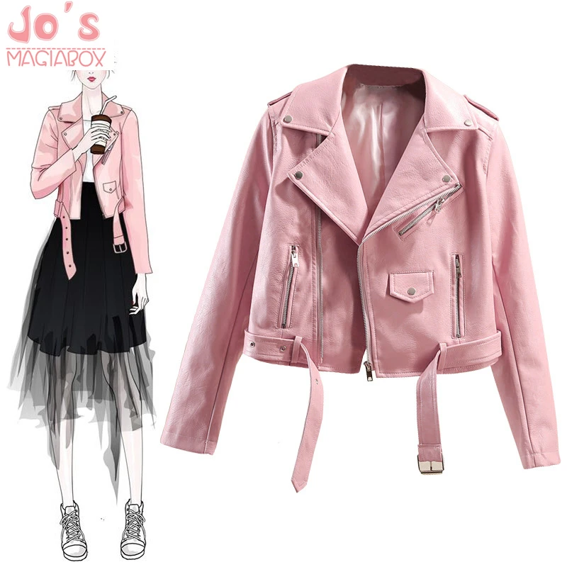 

Short Faux Leather PU Jackets Solid Color Women Motorcycle Outerwear Slim Ladies Coats Zipper Pink Sweet Style Casual Jackets