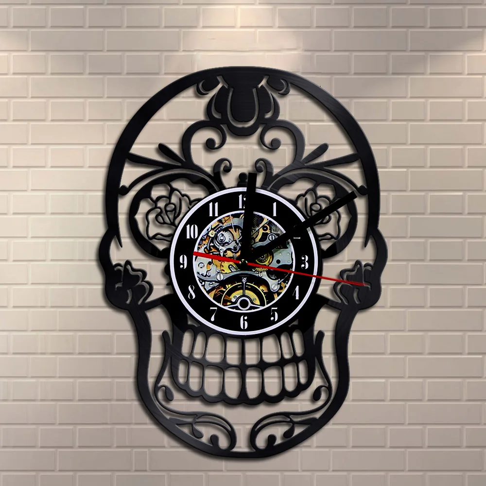 1Piece Sugar Skull Ornament Vinyl Wall Clock Flowers Skull Vintage Art