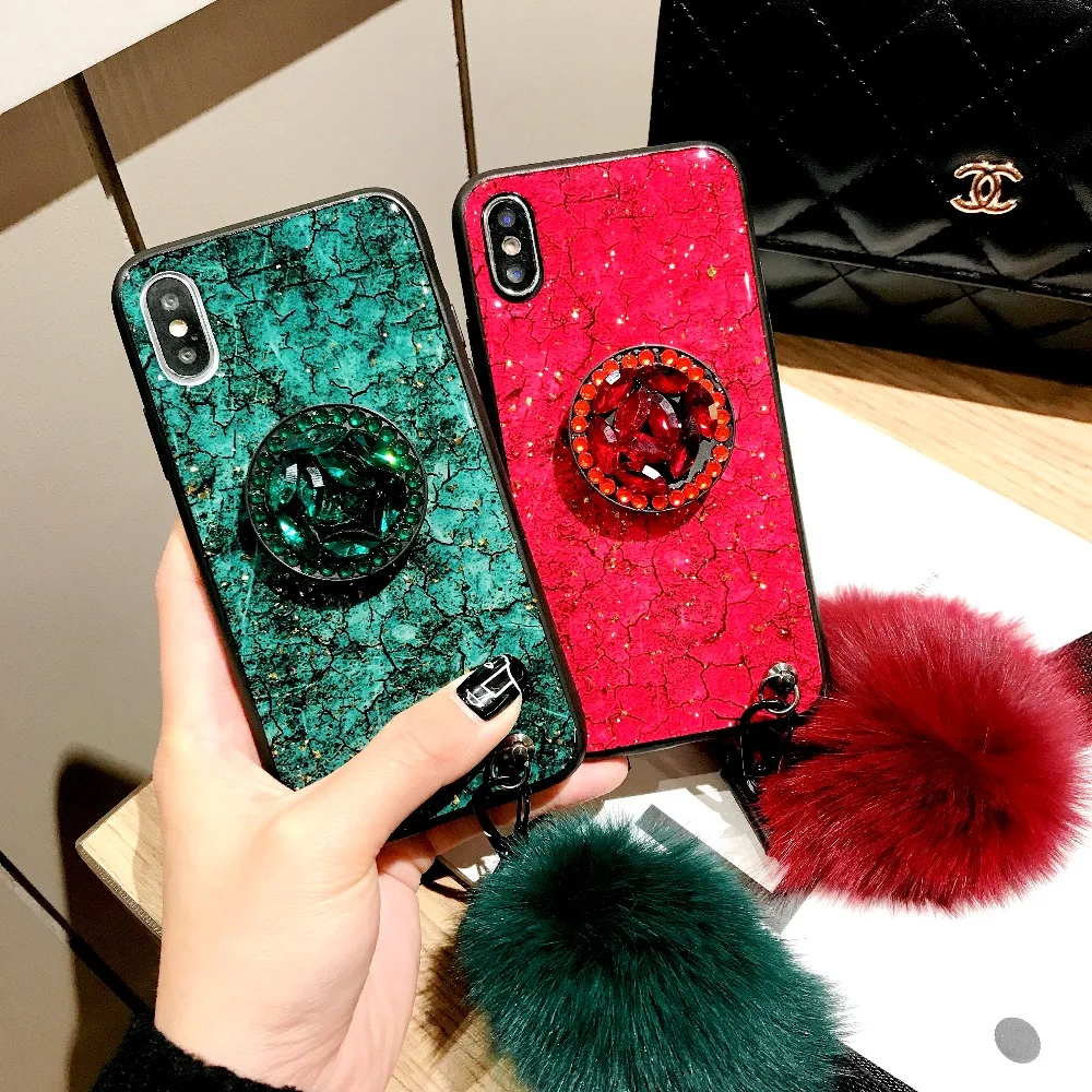 

case for samsung s8 s9 plus note8 note9 Violet Emerald Color Marble Glitter Gold Foil Soft Rhinestone support Hairball lanyard