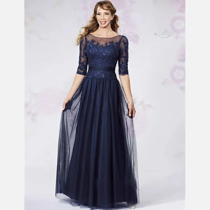 Half Sleeves Mother of the Bride font b Dresses b font Elegant A Line Navy Blue