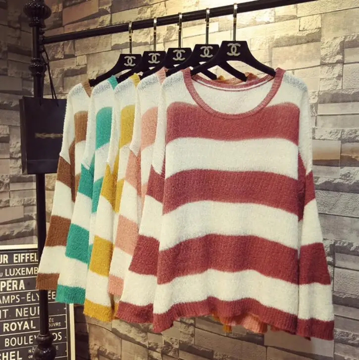 2018 New Spring Autumn Women's Long Sleeved Striped Mohair Sweater Loose Blouse Female Students Casual Knitted Pullover Tops | Женская