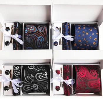 

Unique Design Business Men's Accessories Suit Fashion Explosions Tie Pocket Towel Cufflinks Paisley Gift Box 6 Piece Suit