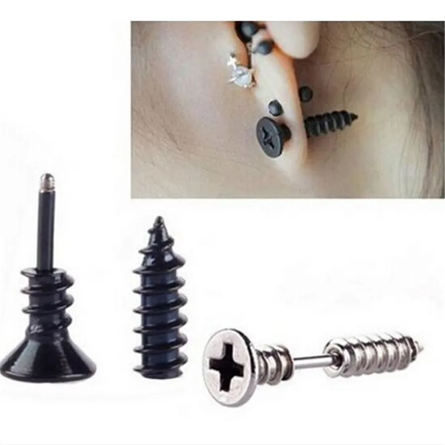 

top sale 1 pcs Simple punk fashion gold black and silver plated stainess nail screw stud earring for women and men novelty item