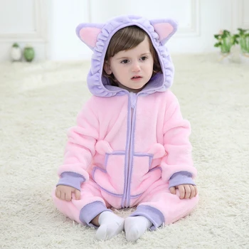 

2016 New Spring Design Baby Newborn Infant One-piece Hooded Rompers Clothing Flannel Lovely Hello Kitty Cat Minions